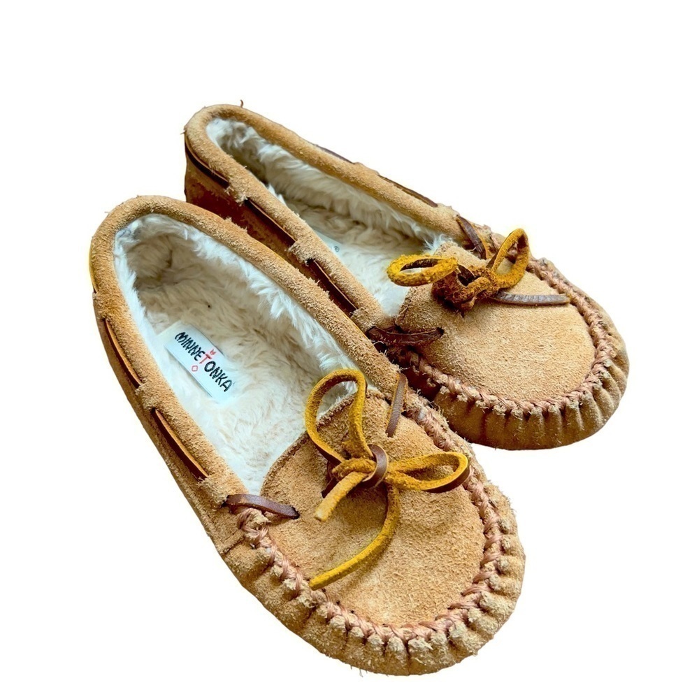 Minnetonka Kids Size 13 Cassie Slipper cinnamon Brown Leather Slipper Fur Lined